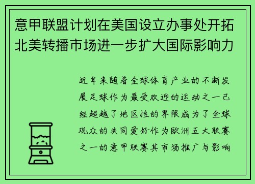 意甲联盟计划在美国设立办事处开拓北美转播市场进一步扩大国际影响力 意甲联盟计划在美国设立办事处开拓北美转播市场进一步扩大国际影响力