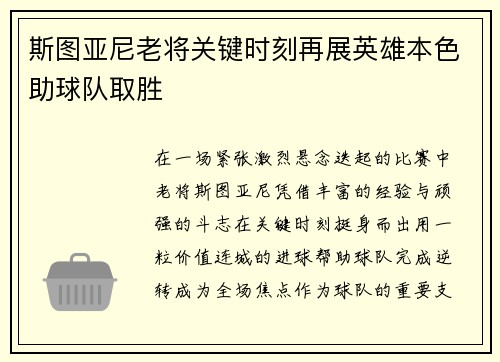 斯图亚尼老将关键时刻再展英雄本色助球队取胜 斯图亚尼老将关键时刻再展英雄本色助球队取胜